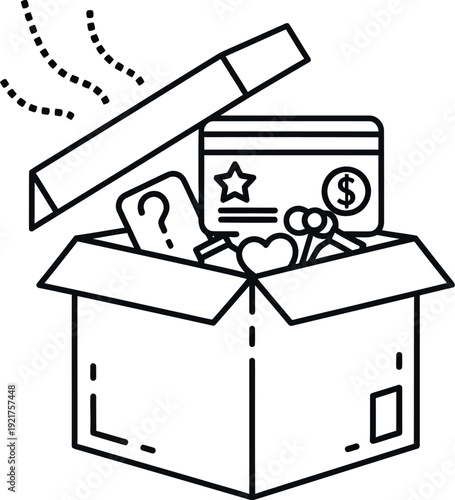 Open cardboard shipping box overflowing with various mystery items including a credit card and question mark symbol illustrating surprise delivery contents or an unboxing experience.