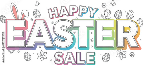 Happy Easter sale typography design featuring outlined bunny ears decorated eggs and spring flowers perfect for seasonal holiday promotions and advertising banners