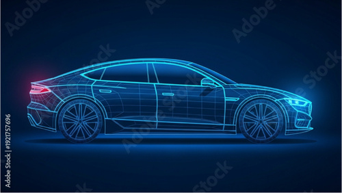Detailed vehicle autocad blueprint illustration of a modern car from a side viewpoint in a dark environment