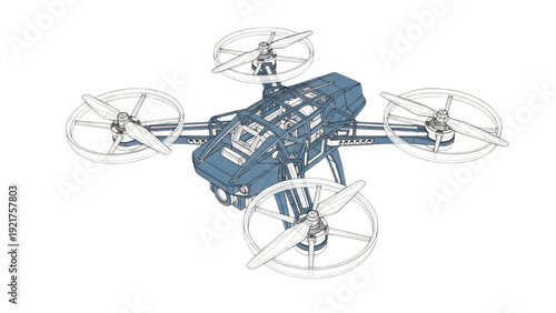 Top view of a detailed vehicle autocad blueprint drone design with four transparent rotors