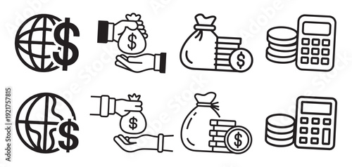 Charity and donation icon set with hands holding money bags and coins. vector illustration eps 10