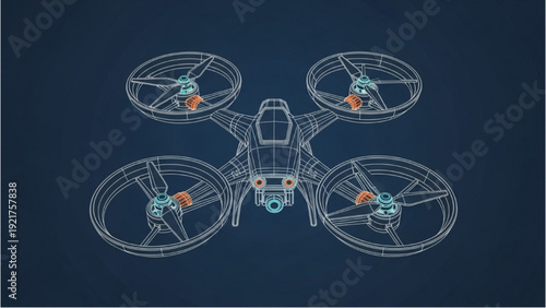 Drone vehicle autocad blueprint design top view illustration on dark background