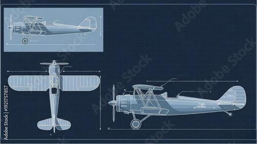 Detailed vehicle autocad blueprint of vintage airplane design shown from multiple viewpoints with precise technical drawings