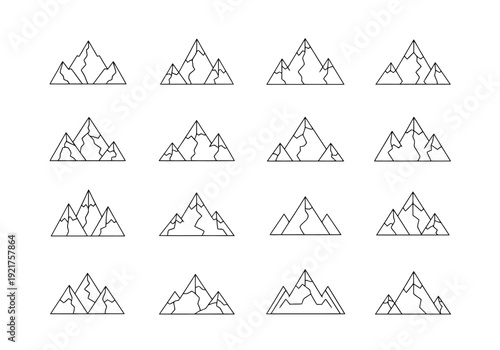Collection of Stylized Mountain Ranges in Outline Style Perfect for Outdoor Adventure and Landscape Design Projects