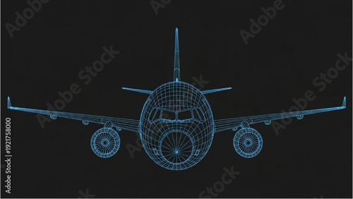 A detailed vehicle autocad blueprint of an airplane viewed from the front in a dark environment