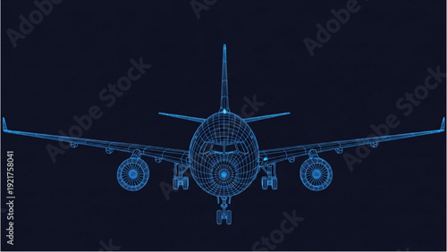Detailed vehicle autocad blueprint of an airplane viewed from the front with precise engineering design