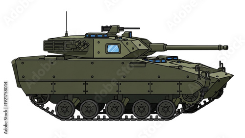 Detailed vehicle autocad blueprint of a modern military tank in a technical side view