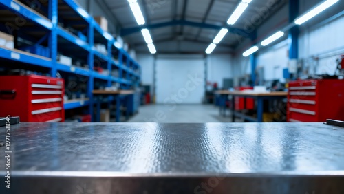 Empty industrial metal workbench surface in a blurred manufacturing workshop setting featuring storage shelves and tool cabinets for product placement.
