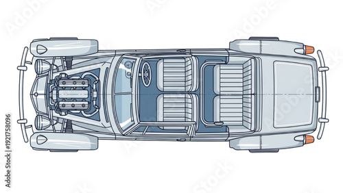 Top view vehicle autocad blueprint design showcasing interior and exterior components in a technical illustration