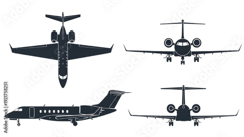 Detailed vehicle autocad blueprint of a private jet airplane shown from multiple viewpoints