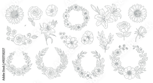 Elegant collection of hand drawn black and white floral elements featuring various flowers and decorative botanical wreaths perfect for sophisticated design projects.