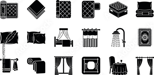 Black Home Textile and Interior Decor Icons with Curtains Bedding Towels and Furniture Vector Set