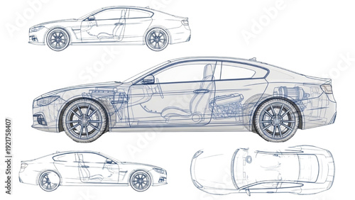 Detailed vehicle autocad blueprint illustrations showcasing multiple viewpoints of a modern car's design and technical specifications