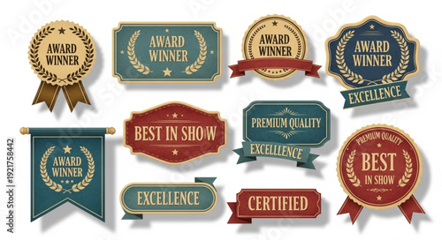 Collection of Award Badges and Ribbons for Excellence and Achievement.