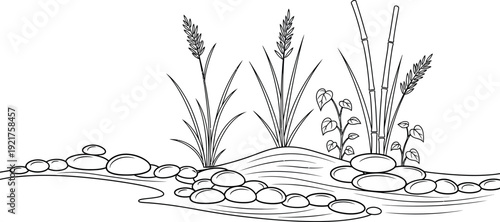 Simple black and white outline drawing depicts a peaceful riverbank scene featuring assorted tall grasses growing among smooth river stones and slender bamboo shoots with small leafy vines.