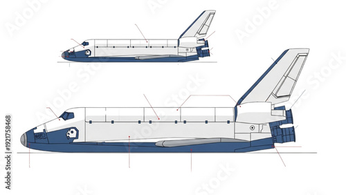 Detailed vehicle autocad blueprint of a space shuttle in technical drawing from multiple viewpoints