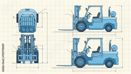 Detailed vehicle autocad blueprint of a forklift truck from multiple viewpoints and orthographic projections on a graph paper background