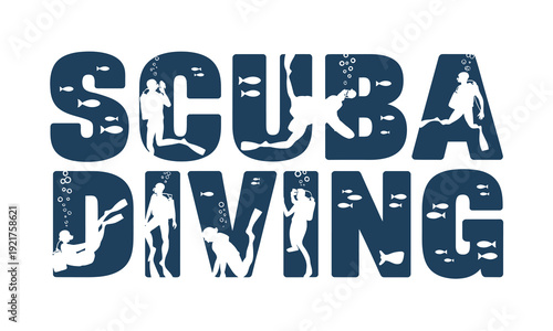 Scuba diving graphic with silhouetted divers and marine life illustrations