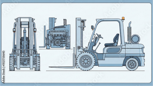 Detailed vehicle autocad blueprint of a forklift machinery illustrated from multiple viewpoints in an industrial setting