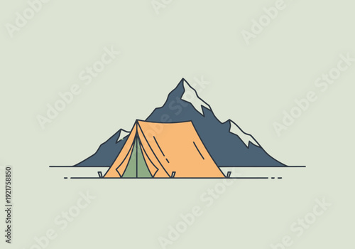 Orange camping tent pitched in front of majestic snow capped mountains under a clear sky for outdoor adventure and wilderness exploration