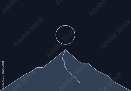 Minimalist Mountain Peak Silhouette Against Dark Night Sky with Geometric Circle Symbolizing Celestial Body or Goal