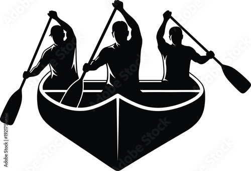 Black and white vector illustration of three people paddling canoe, teamwork concept, rowing silhouette, group collaboration, unity, leadership, outdoor adventure design