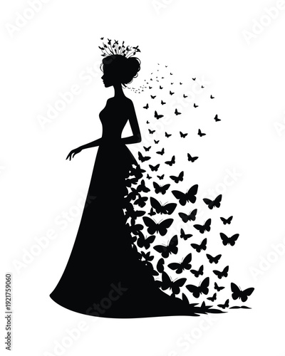 Elegant silhouette of a woman dissolving into a swarm of fluttering butterflies