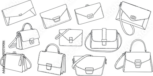 Collection of various fashionable handbag and purse outlines illustrating different styles like clutches shoulder bags and structured satchels for fashion design inspiration