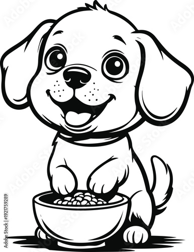 Extra thick cartoon outline black and white vector of a cute puppy eating from a small bowl, oversized head, rounded body, heavy stroke, flat design 2