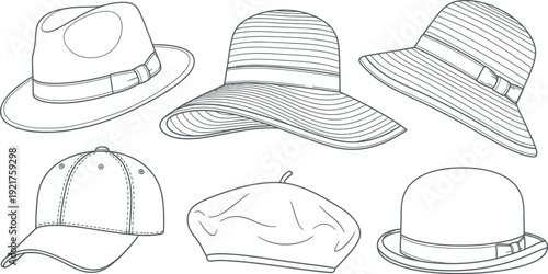 Collection of various headwear designs including fedora baseball cap beret sun hat and classic bowler shape presented in a detailed black and white outline illustration ready for coloring.
