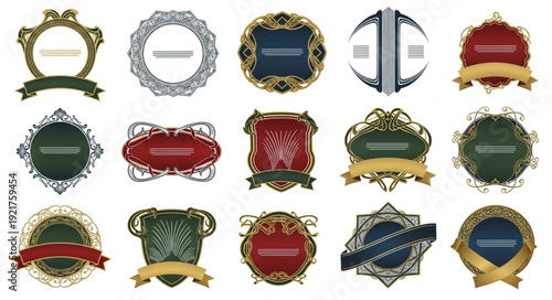 Collection of ornate vintage crests and labels with ribbons.