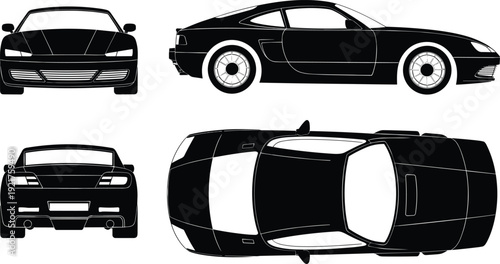 Sports car silhouettes four views front side rear top sleek design aerodynamic shape headlights wheels windows automotive transport vehicle flat vector illustration