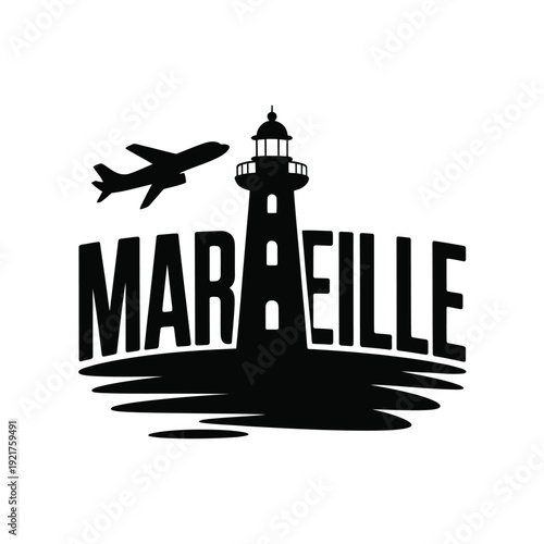 A graphic illustration featuring a lighthouse airplane and the city name marseille