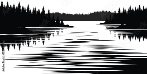 Serene landscape silhouette featuring a calm lake reflection surrounded by dense pine forest trees for wilderness nature conservation and travel