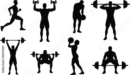 Black silhouettes of people performing various weightlifting and running exercises