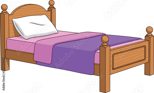 Classic Wooden Bed with Purple and Pink Bedding Single Bedroom Furniture Vector Illustration