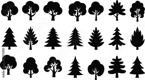 Collection of black and white tree silhouettes in various shapes and sizes arranged in a grid pattern