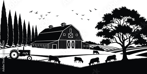 Black and white farm landscape silhouette with barn, tractor, grazing cows, oak tree, birds, rolling hills, and rural countryside scenery.
