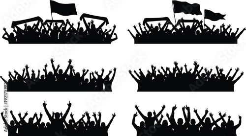 Set of cheering crowd silhouettes with flags and raised hands for stadium sports events music concerts festivals and audience celebration