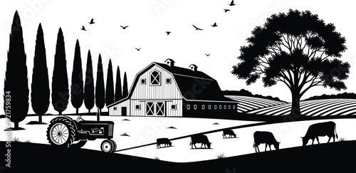 Black and white farm landscape silhouette with barn, tractor, cows grazing, rural countryside agriculture vector illustration design