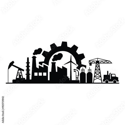 Industrial skyline featuring factories oil rigs and wind turbines in silhouette