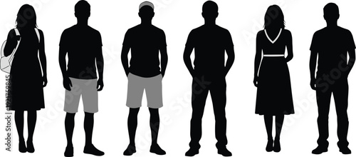 Black people silhouettes, diverse adult men women standing poses, casual everyday clothing, dress shorts t-shirt cap, vector illustration set isolated 
