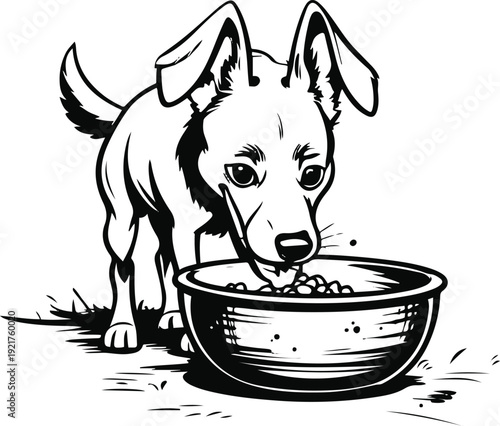 Extra thick cartoon outline black and white vector of a farm dog eating from a rustic metal bowl, bold heavy stroke, minimal detail, isolated on white 2