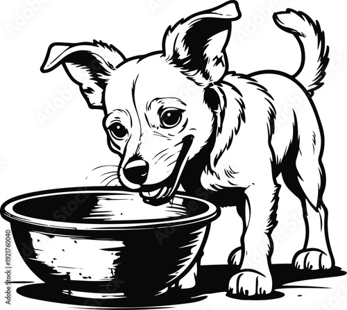 Extra thick cartoon outline black and white vector of a farm dog eating from a rustic metal bowl, bold heavy stroke, minimal detail, isolated on white 3