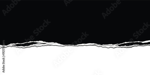 A graphic design element featuring a horizontal, jagged tear separating black and white sections