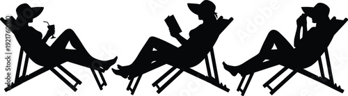 Set of female silhouettes relaxing on beach deck chairs wearing sun hats reading books and drinking cocktails for summer vacation