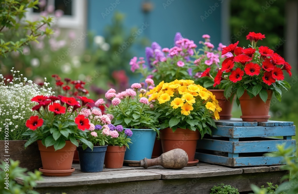 Fototapeta premium Colorful petunia flowers bloom in pots on a rustic wooden deck. Vibrant floral arrangement on a sunny day creates a charming garden scene. Red yellow pink blooms offer beauty.