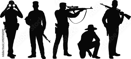 Five Silhouettes of Soldiers in Various Combat Positions Holding military rifles