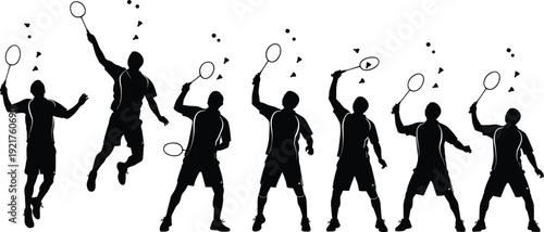 Badminton Player Silhouettes Collection, Athlete Smash and Serve Action Poses Isolated on White Background Vector Illustration