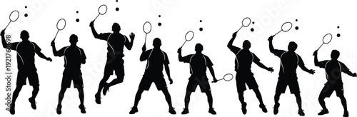 Badminton Player Silhouettes Action Set, Professional Athlete Smash and Serve Poses Isolated on White Background Vector